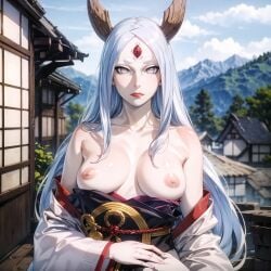 3_eyes ai_generated alyxra breasts breasts_out curvaceous female female_focus gilf goddess horns kimono light-skinned_male light_skin lipstick looking_at_viewer makeup mature mature_female milf multi_eye nai_diffusion naruto naruto_(series) naruto_shippuden nipples no_bra open_clothes open_kimono otsutsuki_kaguya outdoors pale-skinned_female pale_skin solo stable_diffusion upper_body very_long_hair voluptuous white_hair white_skin