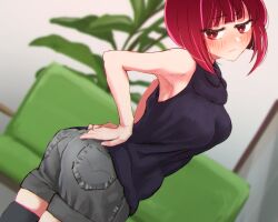 1girls arima_kana armpits black_socks black_sweater black_thighhighs blunt_ends blurry blurry_background blush bob_cut breasts denim_shorts dutch_angle female grey_shorts head_tilt highres indoors jibe1212 looking_at_viewer looking_back medium_breasts oshi_no_ko red_eyes red_hair short_hair short_shorts shorts sleeveless sleeveless_sweater socks solo sweater thigh_exposed_between_shorts_and_thighhighs thigh_socks thighhighs