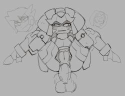 2022 anal anal_sex balls blush caliginous female legs_held_open mega_man mega_man_zx monochrome pandora_(mega_man) penis pussy reverse_suspended_congress sex sketch spread_legs