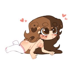 big_eyes brown_eyes brown_hair cute eyelashes fluffy_hair full_body long_hair naked oc original_character paws puppy puppygirl slim small_breasts solo split_dye stockings