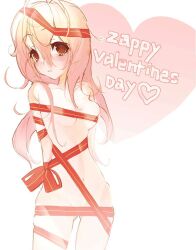 blush covered_nipples heart highres iori_(kurucirculation) kimi_to_kanojo_to_kanojo_no_koi. long_hair mukou_aoi_(totono) nitroplus pink_hair red_eyes simple_background valentine white_background