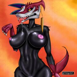 anthro anthrofied big_breasts black_body black_fur canid canid_demon canine dark_skin darkin demon female fur hellhound league_of_legends naafiri red_fur smile yellow_eyes