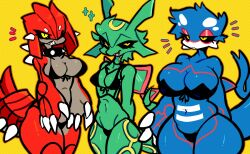 anthro big_breasts bikini bikini_bottom bikini_top breasts breasts_size_difference female groudon hoshmytots kyogre legendary_pokémon legendary_pokemon multicolored_body pokemon pokemon_(species) pokemon_rse rayquaza swimsuit swimwear thick_thighs wide_hips