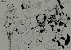 3girls ahoge animal_ears armpits arms_up bikini blush breasts cleavage_cutout clothing_cutout elbow_gloves fate/grand_order fate_(series) female fur-trimmed_gloves fur-trimmed_thighhighs fur_collar fur_trim glasses gloves greyscale grin hair_bun hair_ornament hair_ribbon large_breasts long_hair mash_kyrielight mash_kyrielight_(dangerous_beast) micro_bikini monochrome multiple_girls multiple_views nero_claudius_(fate) okita_souji_(fate) okita_souji_alter_(fate) ribbon short_hair side-tie_bikini_bottom smile swimsuit tail tassel tassel_hair_ornament thigh_strap try try_(lsc)