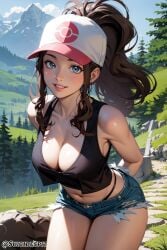 ai_generated baseball_cap belly_button blue_eyes blush breasts brown_hair cleavage collarbone female female_only game_freak hilda_(pokemon) large_breasts leaning_forward looking_at_viewer midriff nintendo pokemon pokemon_bw ponytail shorts smile solo solo_female suicidespit tank_top thick_thighs thighs thong_straps