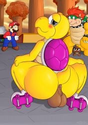 absurd_res anthro anus ass balls big_ass big_balls big_butt blush bodily_fluids bowser bubble_ass bubble_butt butt dat_ass genitals goomba group hi_res humanoid koopa koopa_troopa male male_only mario mario_(series) midnight_meowth nintendo rolla_koopa roller_skates scalie shocked_expression solo_focus squatting_position super_mario_bros._wonder sweat tagme