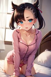 1girls ai_generated bed black_hair blue_eyes breasts female female_only flushed generic_ai human human_only light-skinned_female light_skin looking_at_viewer marnie_(pokemon) medium_breasts on_knees panties pijama pink_blouse pink_panties pink_ribbon pokemon room short_hair solo solo_female thighs