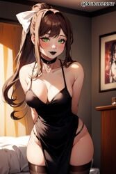 ai_generated bangs black_lipstick blush breasts brown_hair choker cleavage collarbone doki_doki_literature_club dress eyeliner female female_only goth goth_girl green_eyes hair_ribbon hips lipstick long_hair looking_at_viewer medium_breasts monika_(doki_doki_literature_club) pelvic_curtain ponytail skindentation solo solo_female stockings suicidespit thick_thighs thighhighs thighs thong_straps wide_hips