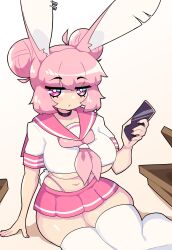 1girls bunny_ears bunny_girl choker double_bun eyebrows_visible_through_hair female female_only hair_bun hi_res holding_phone j5daigada looking_at_viewer miniskirt nail_polish narrowed_eyes ninnin_(daigada) painted_nails phone pink_hair pink_nails purple_eyes school_uniform serafuku sitting skirt solo thick_thighs thigh_squish thighhighs thong_above_skirt thong_straps twin_buns unamused white_thighhighs