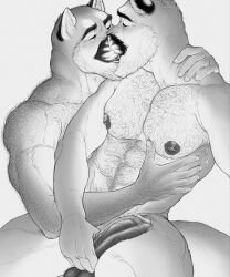 2023 5_fingers abs age_difference anthro areola arm_hair balls barbell_piercing biceps bodily_fluids body_hair chest_hair closed_eyes cougar digital_media_(artwork) duo ear_piercing ear_ring embrace erection eyebrows father father_and_child father_and_son felid feline fingernails fingers foreskin french_kissing fur genital_fluids genitals glans greyscale hairy hairy_balls hi_res humanoid_genitalia humanoid_penis incest intraspecies kissing male male/male mammal mature_anthro mature_male monochrome muscular muscular_anthro muscular_male nails nipple_barbell nipple_piercing nipples parent parent_and_child parent_and_son pecs penis piercing precum repzzmonster repzzmonster_(character) retracted_foreskin ring_piercing son sweat vein veiny_penis yaoi