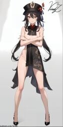 1girls ai_generated brown_eyes brown_hair clothing crossed_arms disappointed dominant_female flower_hair_ornament genshin_impact hat high_heels hu_tao_(genshin_impact) long_hair long_legs looking_at_viewer medium_breasts partly_clothed semi_clothed simple_background skinny small_breasts solo standing tagme thin_waist vinkz white_background