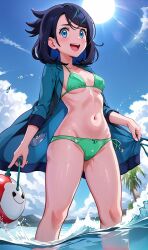 1girls ai_generated bag bikini blue_coat blue_eyes blue_hair breasts clothing coat female female_only flushed green_bikini green_underwear human human_only legs light-skinned_female light_skin liko_(pokemon) looking_at_viewer outerwear pale_skin palm pokemon pokemon_horizons short_hair sky small_breasts smiling solo solo_female swimwear thighs underwear