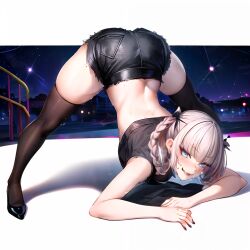 1girl 1girls ai_generated black_legwear call_of_the_night denim_shorts face_down_ass_up female greenwave jack-o_pose jackochallenge nanakusa_nazuna solo solo_female vampire yofukashi_no_uta