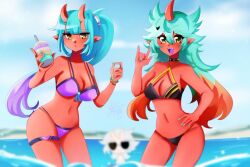 2girls bikini breasts demon_girl drink multiple_girls octavia_(omega_strikers) omega_strikers oni puffed_cheeks red_skin scrunchie sole_female sunglasses thigh_band vyce_(omega_strikers) zentaro_(omega_strikers)