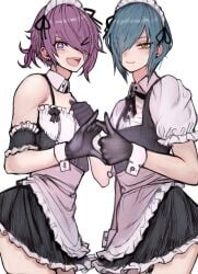 2boys 2femboys 2n5 apron black_dress black_gloves blue_hair detached_collar dress earrings emo emo_boy femboy frilled_apron frills gloves goth goth_boy hair_ornament hair_over_one_eye happy heart heart_hands heart_hands_failure highres iriya-kun jewelry looking_at_viewer maid maid_apron maid_headdress male male_maid male_only mikel-kun multiple_boys no_visible_genitalia open_mouth original otoko_no_ko puffy_short_sleeves puffy_sleeves purple_eyes purple_hair short_hair short_sleeves smile star_eyes thumbs_up trap waist_apron white_apron wink winking winking_at_viewer wrist_cuffs yellow_eyes