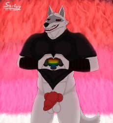 absurd_res animal_genitalia animal_penis anthro balls blood blood_in_mouth bodily_fluids canid canine canis clothed clothing death_(puss_in_boots) dreamworks erection fire fur genitals hi_res knot lgbt_pride male male_only mammal partially_clothed penis pride_colors puss_in_boots_the_last_wish rainbow_pride_colors rainbow_symbol red_eyes sarkvy smile solo teeth wolf