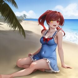 1girls ai_generated armpit_crease beach dress highres hololive houshou_marine navel_visible_through_clothes prosopagnosic_hitman self_upload sitting solo stable_diffusion virtual_youtuber