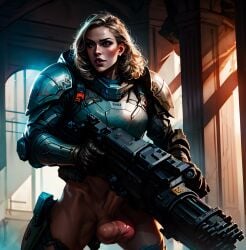 1futa ai_generated armor balls ballsack blonde_hair blonde_hair dickgirl erection futanari futuristic futuristic_armor gun holding_weapon huge_balls huge_testicles indoors large_penis large_testicles partially_clothed penis scrotum stable_diffusion testicles window