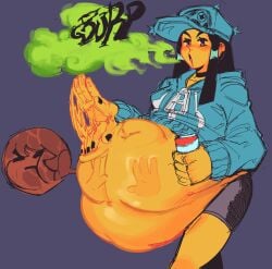 2girls belly_expansion big_belly burp burping cassette_girl friday_night_funkin girlfriend_(friday_night_funkin) hoodie newgrounds oral_vore patting patting_belly robot robot_girl same_size_vore soda vore vore_belly vorevori yuri