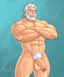 1boy abs balls bara biceps big_penis foreskin gay headingsouth hi_res highres male male_focus male_only male_pubic_hair muscular nude overwatch partially_retracted_foreskin penis reinhardt solo solo_male vein veiny_penis