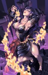 1girls absurdres anklet arm_behind_head armpits bare_shoulders bare_thighs black_dress black_hair breasts center_frills center_opening circlet cleavage collarbone dress earrings elbow_gloves evil_grin evil_smile female female female_only fingernails fire fire_emblem fire_emblem:_the_blazing_blade frills full_body gloves grin hair_lift hair_pulled_back high_heels highres jewelry large_breasts lipstick long_hair looking_at_viewer makeup mature_female nail_polish nintendo plunging_neckline red_sash rubble sash side_slit smile solo sonia_(fire_emblem) thechinelo thighs water yellow_eyes