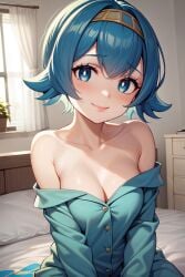 1girls ai_generated bare_shoulders blouse blue_blouse blue_eyes blue_hair breasts diadem female female_only flushed game_freak human human_only lana_(pokemon) light-skinned_female light_skin medium_breasts nintendo pokemon room short_hair sitting_on_bed solo