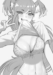 big_breasts bra cipher4109 dragon_girl head_wings lifting_clothing long_hair looking_at_viewer monochrome nijisanji nijisanji_en peace_sign selen_tatsuki stomach virtual_youtuber