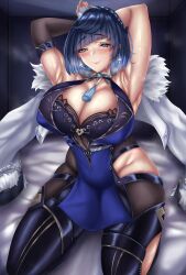 1girls armpits big_breasts big_thighs blue_hair blush breasts busty cleavage clothed clothed_female clothing day-0 female female_only genshin_impact hands_behind_head huge_breasts huge_thighs kneeling kneeling_female kneeling_on_bed large_breasts large_thighs short_hair solo solo_female thick_thighs thighs turquoise_eyes voluptuous yelan_(genshin_impact)