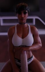 1boy 1girls 3d 3d_(artwork) athletic athletic_female big_penis bleached bleached_clothing choker cleavage dark-skinned_female erection faceless_male highres huge_cock imminent_sex interracial light-skinned_male looking_at_viewer male_pov measuring_penetration_depth muscular muscular_male overwatch penis_awe pharah pov queen_of_hearts sham_art thick_penis underwear