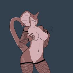 anthro breasts brown_body cobra female female/female forked_tongue genitals ggpro hi_res intersex intersex/female living_tail pussy red_eyes reptile scalie snake snake_tail solo tail tongue unusual_anatomy unusual_tail