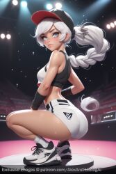 ai_generated alexandhotdogai ass ass_focus auditorium baseball_cap braid bubble_butt dumptruck_ass earrings fat_ass_teen glitter gym_shorts long_braid looking_back_at_viewer rwby sneakers sports_bra stable_diffusion stage stage_lights teenage_girl teenager twerking voluptuous_teen weiss_schnee white_hair