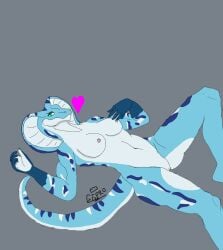 anthro blue_body cobra dariana_(quetzaly) female genitals ggpro green_eyes heart hi_res living_tail reptile scalie snake snake_tail solo tail unusual_anatomy unusual_tail