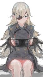 1girls black_gloves black_panties black_shirt black_skirt blonde_hair blue_eyes eruazare eyepatch goddess_of_victory:_nikke guillotine_(nikke) hi_res holding_panties long_hair looking_at_viewer military military_uniform panties panties_removed parted_lips presenting_panties simple_background sitting small_breasts underwear white_background