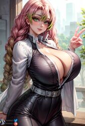 1girls ai_generated big_breasts blush cleavage curvy demon_slayer female female_only gradient_hair green_eyes huge_breasts kanroji_mitsuri kimetsu_no_yaiba looking_at_viewer massive_breasts mommy pink_hair solo supr3metr uniform voluptuous wide_hips