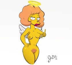 1girls accurate_art_style angel angel_wings areolae auburn_hair blush breasts breasts hairy_pussy halo hourglass_figure jodero lipstick maude_flanders nipples nude nude_female pubes pubic_hair pussy smile the_simpsons vagina wings yellow_skin