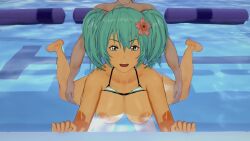 16:9 1boy 1boy1girl 1girls big_breasts breasts erect_nipples feet female female_focus female_penetrated flower_in_hair green_eyes green_hair ikkitousen in_water large_breasts looking_at_viewer looking_pleasured male nipples open_eyes open_mouth partially_submerged pool ryofu_housen sex shoulders soles