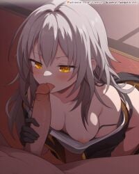 1boy animated bare_shoulders black_gloves black_jacket blinking blush bra bra_pull breasts closed_mouth clothes_pull collarbone erection fellatio female gloves grey_hair hair_between_eyes handjob honkai:_star_rail honkai_(series) jacket licking licking_penis long_hair long_sleeves nipples one_breast_out open_mouth oral penis shirt solo_focus stelle_(honkai:_star_rail) straight tongue tongue_out trash_can uncensored underwear waero white_shirt yellow_eyes