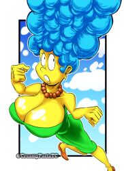 2023 big_breasts blue_hair boobs breasts cleavage creamypastatc dress green_dress large_breasts marge_simpson nude original outside pearl_necklace the_simpsons tits yellow_body yellow_skin