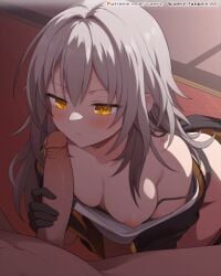 1boy animated bare_shoulders black_gloves black_jacket blinking blush bra bra_pull breasts closed_mouth clothes_pull collarbone erection female gloves grey_hair hair_between_eyes handjob honkai:_star_rail honkai_(series) jacket long_hair long_sleeves nipples one_breast_out open_mouth penis shirt solo_focus stelle_(honkai:_star_rail) straight trash_can uncensored underwear waero white_shirt yellow_eyes