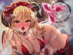 absurdres after_ejaculation all_fours bare_shoulders bikini black_choker blonde_hair bottomless bracelet breasts brooch choker collarbone covered_nipples cum cum_on_tail curled_horns demon_girl demon_horns demon_rape demon_tail demon_wings drooling elbow_gloves female gloves halterneck hanasaki_mahiru head_wreath heavy_breathing highres horns jewelry long_hair looking_at_viewer mole mole_on_breast open_mouth original pointy_ears pubic_tattoo red_bikini red_eyes red_gloves red_thighhighs skindentation solo spiked_bracelet spikes string_bikini succubus succubus_tattoo swimsuit tail tail_pussy tattoo thigh_strap thighhighs thighs tongue tongue_out wings