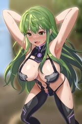 1girls alternate_costume armpits arms_behind_head bare_midriff bare_thighs breasts center_opening cosplay crossover dolphin_wave female female_only fire_emblem fire_emblem:_mystery_of_the_emblem fire_emblem:_shadow_dragon_and_the_blade_of_light green_eyes green_hair large_breasts long_hair midriff nayuki_hiori_(cosplay) nintendo open_mouth outdoors palla_(fire_emblem) pose revealing_clothes sirano smile solo sweat thighhighs thighs very_long_hair