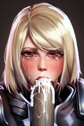 ai_generated bioware blonde_hair blowjob crying cum_in_mouth dark-skinned_male female femsub forced_oral huge_cock lana_beniko male_pov oral pushing_down questionable_consent runny_makeup stable_diffusion star_wars star_wars:_the_old_republic