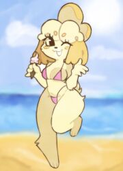 animal_crossing anthro beach bikini blonde_hair blush bra breasts cleavage clothing female female_only ice_cream isabelle_(animal_crossing) nintendo panties partially_clothed shizuearts solo solo_female tail thick_thighs wink yellow_fur