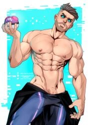 1boy 1male abs bara biceps big_penis glowing_eyes hi_res highres male male_focus male_only muscular nintendo penis penis_peek pokemon pokemon_sv professor_turo solo solo_male soynutts