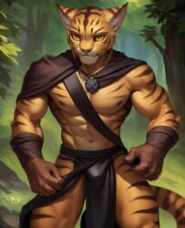 abs ai_generated areola armor bethesda_softworks buff bulge felid feline fur hand_wraps khajiit loincloth looking_at_viewer male male_only muscular muscular_anthro muscular_male navel nipples orange_body orange_fur riseflux solo striped striped_fur tail the_elder_scrolls whiskers yellow_eyes