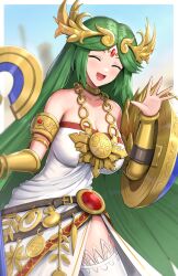 1girls belt bracelet breasts female female_only gonzarez green_hair hair_ornament horny jewelry kid_icarus nintendo noble noblewoman open_mouth palutena solo tagme