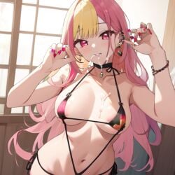 1girls 2023 ai_generated ai_hands anime_nose belly belly_button bikini boobs choker clothed_female cum female_focus gyaru kitagawa_marin long_hair nail_polish navel pink_hair pixai red_eyes self_upload sono_bisque_doll_wa_koi_wo_suru stable_diffusion stardeer string_bikini two_tone_hair yellow_hair