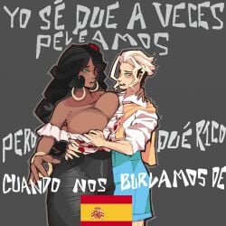 argentina_(yuric_inc) big_ass big_breasts black_pants blonde_hair blonde_hair_male blue_shorts bumping_breasts country_inc_(yuric_inc) dark-skinned_female dark_hair earrings latina mexico_(yuric_inc) mini_dress rose_(flower) spanish_flag spanish_text tight_pants white_shirt yellow_sweater yuric_inc