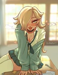 1girls blonde_hair blue_eyes blue_nails blush breath chiffonfae choker classroom cleavage condom condom_wrapper desk earrings edit female gyaru horny_female imminent_sex long_hair looking_at_viewer mario_(series) miniskirt nail_polish naughty_face nintendo one_eye_obstructed paper pen princess_rosalina school_uniform schoolgirl seductive seductive_look sitting sitting_on_desk skirt socks solo sweat third-party_edit thirsty tie tongue_out uniform