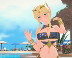 1girls 3d artoria_pendragon_(lancer) bangs big_ass big_butt blonde_hair crown fate_(series) female female_only flower_in_hair hidekimotto jewelry koikatsu light_skin looking_at_viewer medium_breasts painted_nails painted_toenails pool poolside resort slim_waist smile smiling_at_viewer solo sunny swimsuit teal_eyes tied_hair water wristwear